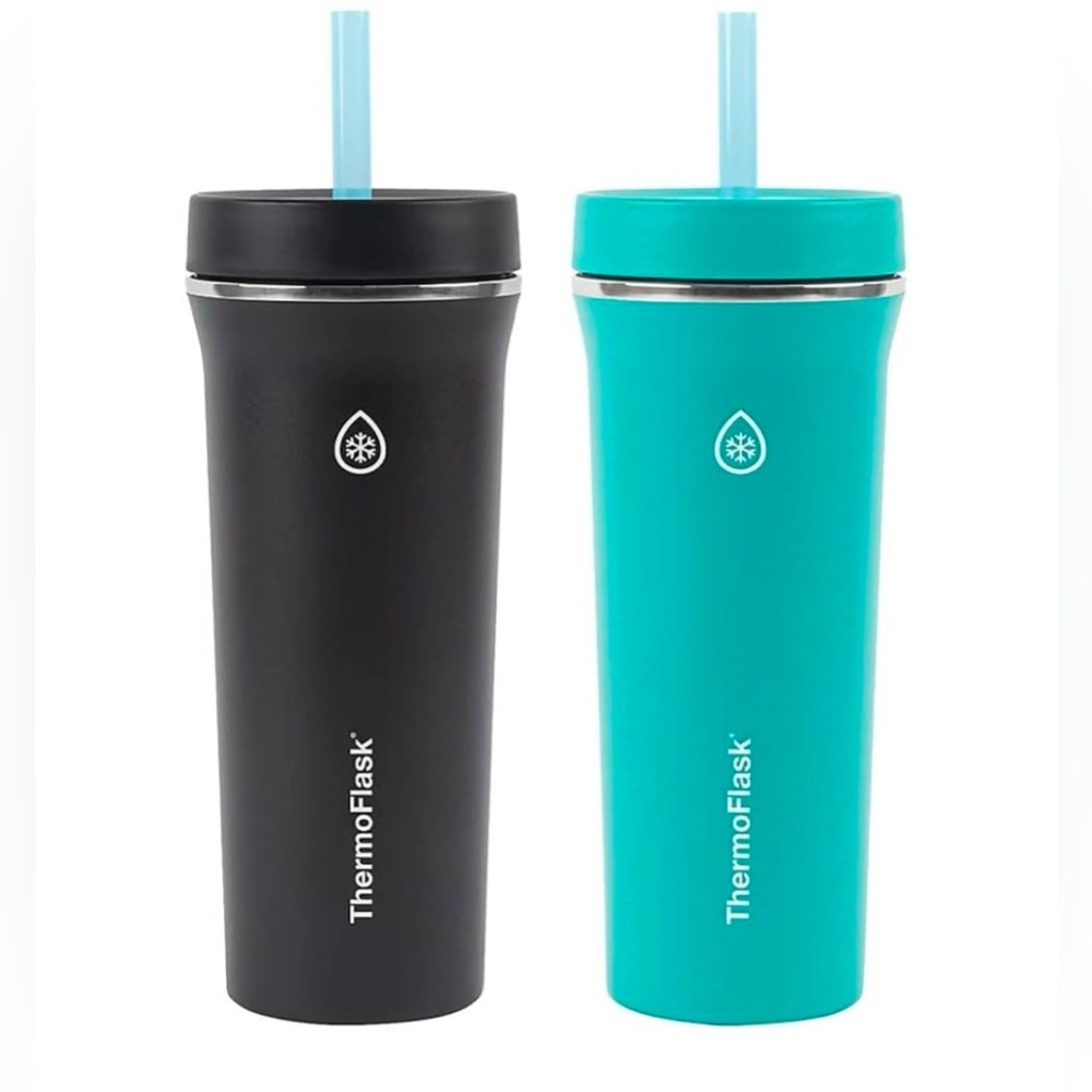 NWT ThermoFlask 32oz Insulated Straw Tumblers 2 Pack Black Teal